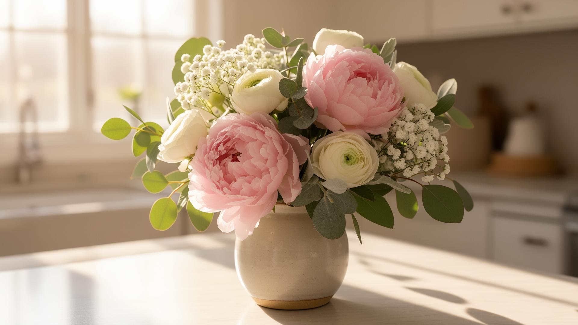 A bouquet of pink peonies, white ranunculus and eucalyptus in a ceramic vase on a sunlit kitchen counter